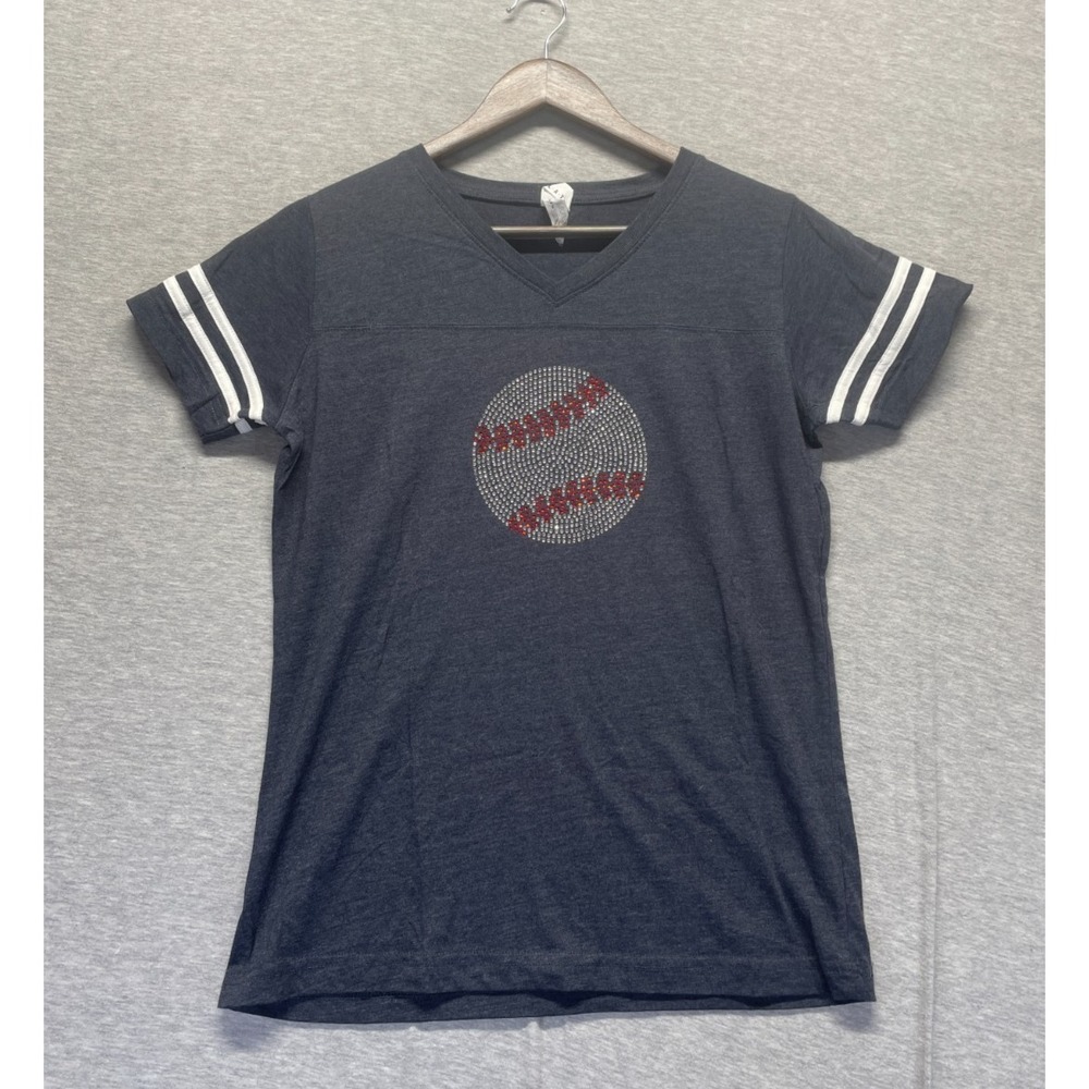 Live And Tell by LAT T Shirt Womens M Charcoal Gray Rhinestone Baseball V Neck